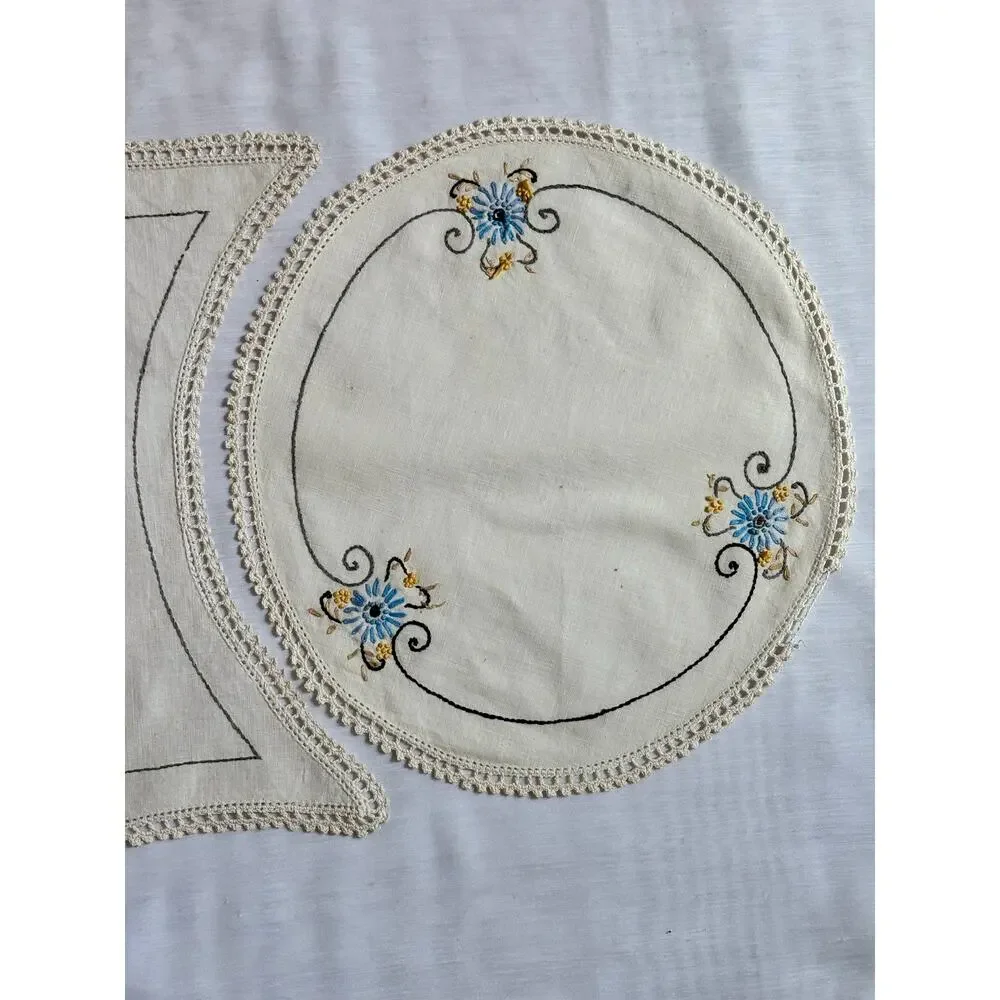 Vintage 3pc Set Embroidered Table Runner Dresser Scarf Blue Gold Floral AS IS